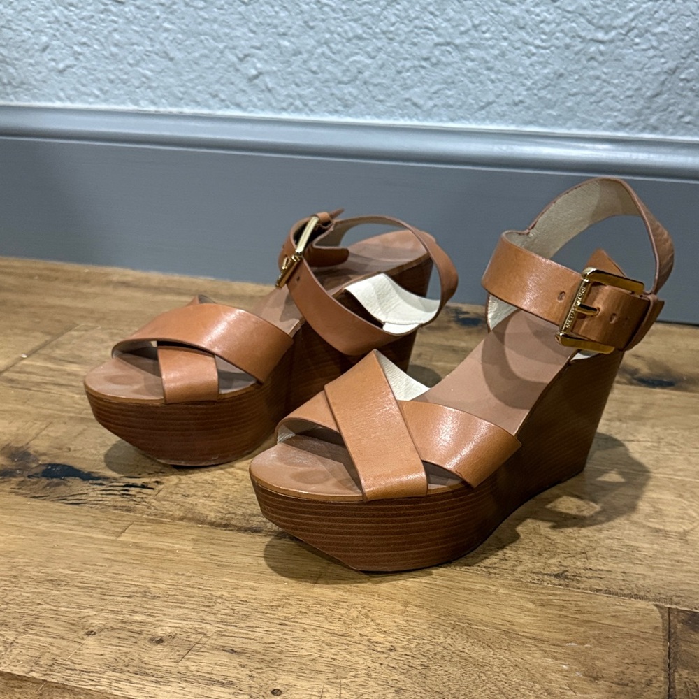 Michael Kors Peggy Luggage Brown Leather Wedge Sandals